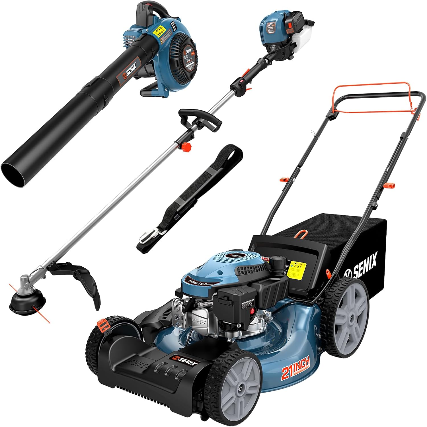 SENIX LSSG-M10 21-inch 170cc Gas Lawn Mower Self Propelled, 26.5 cc String Trimmer and 4-Cycle Leaf Blower Kit