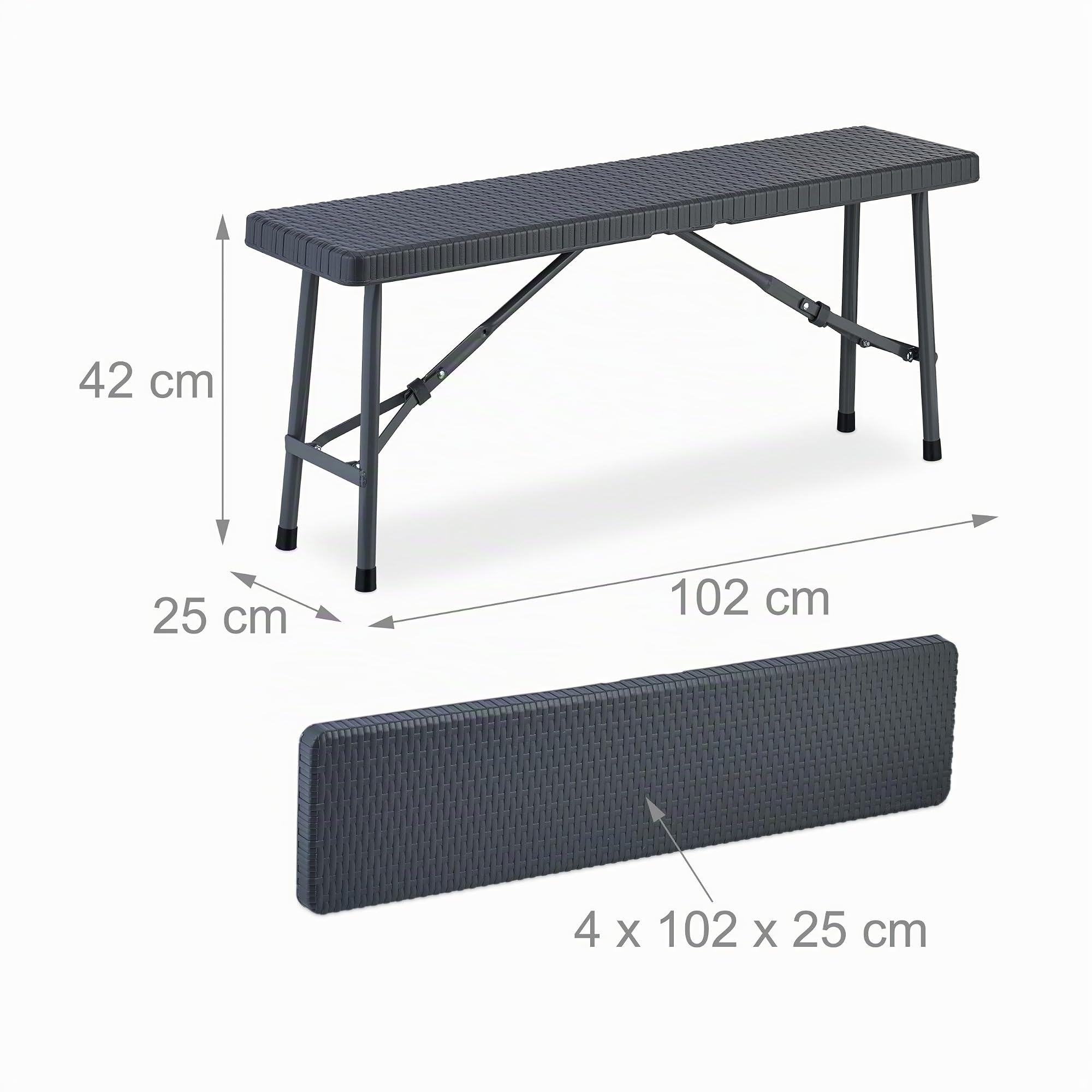 Relaxdays Banc Pliable, Lot de 2, pour Jardin, terrasse et Camping, HLP : 42x102x25 cm, Aspect rotin, Plastique, Gris