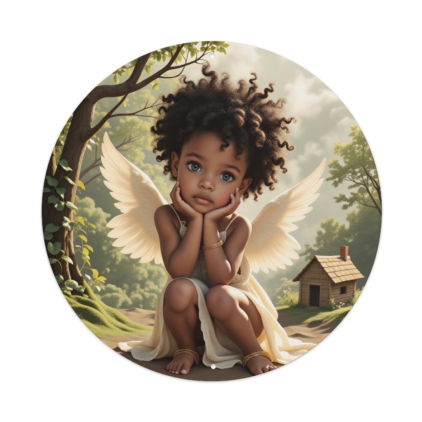 Angel Child Forest Cottage Wings Round Tin Sign Vintage Metal Poster, Home Bar Garage Man Cave Cafe Indoor & Outdoor Wall Decoration 8x8Inches