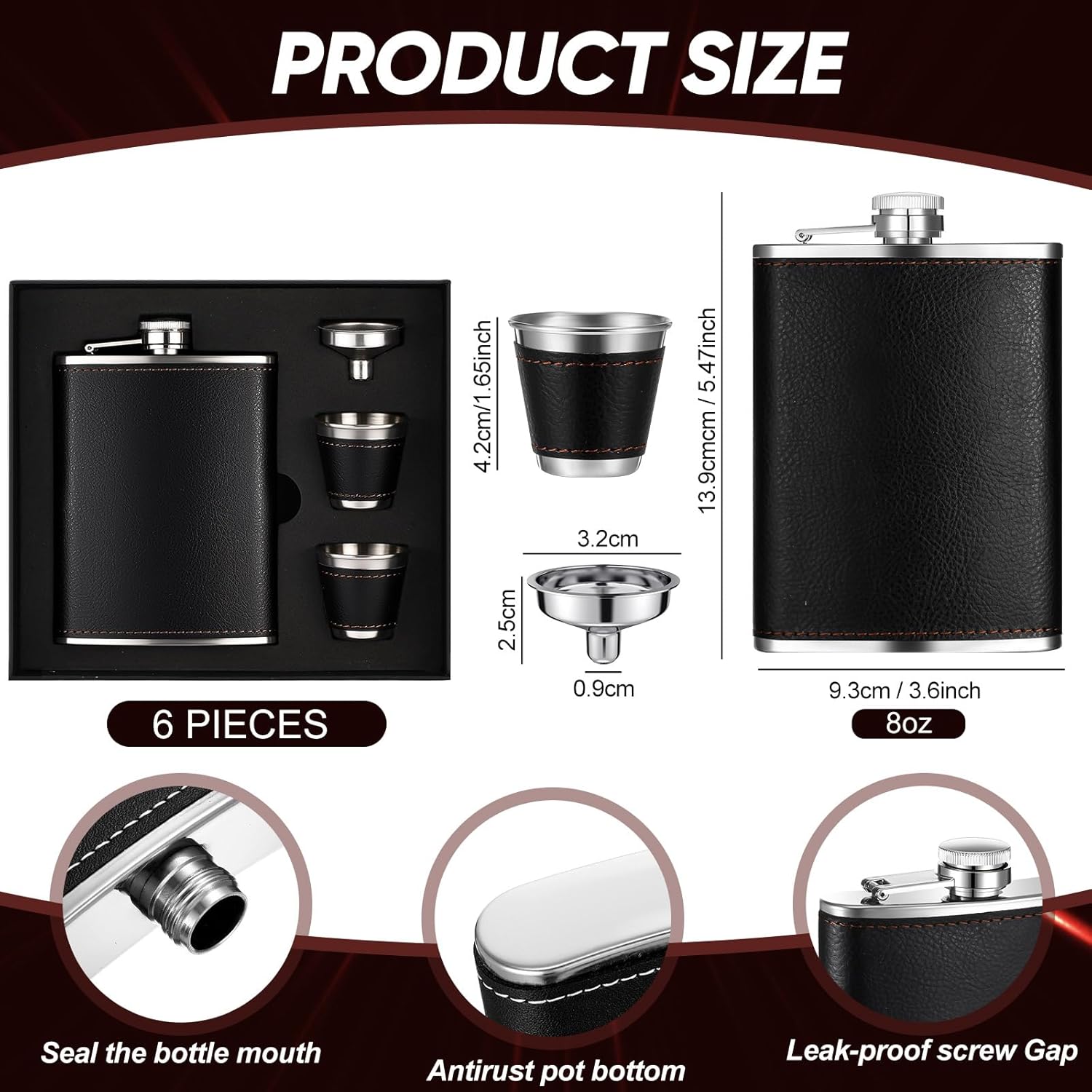 Domensi 6 Set Hip Flask Gift Set Flask for Liquor for Men with Black Leather Cover 8 oz Hip Flask Set 18/8 Stainless Steel Hip Flasks with 2 Cups & Funnel for Men Gift Box, Camping, Wedding Party