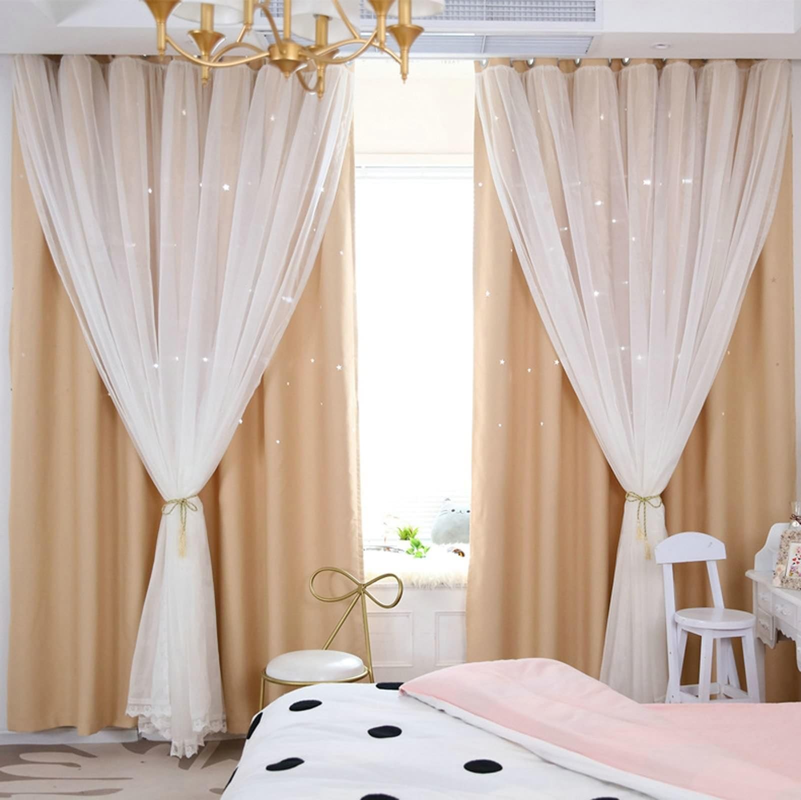 Vorhang Schlafzimmer Modern 2 Stück, Ösen Gardinen Vorhänge Verdunkelung Stern, Polyester Beige Verdunkelungsvorhang Ösen Gardinen Schals für Wohnzimmer, B 96 x H 160cm