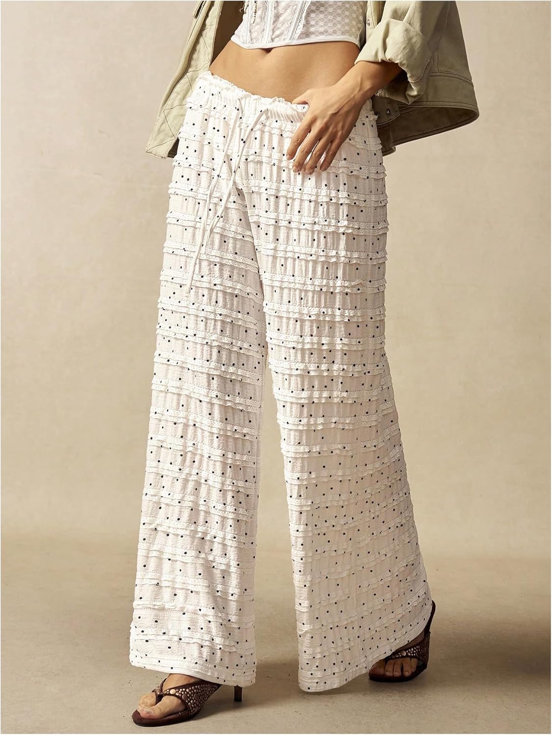 Women's Crochet Lace Pants Ruffle Layered Elastic Waist Mesh Bathing Suit Cover Up Beach Pants