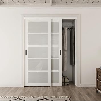 White 5 Lites Glass Solid Core Closet Sliding Door, 48x80