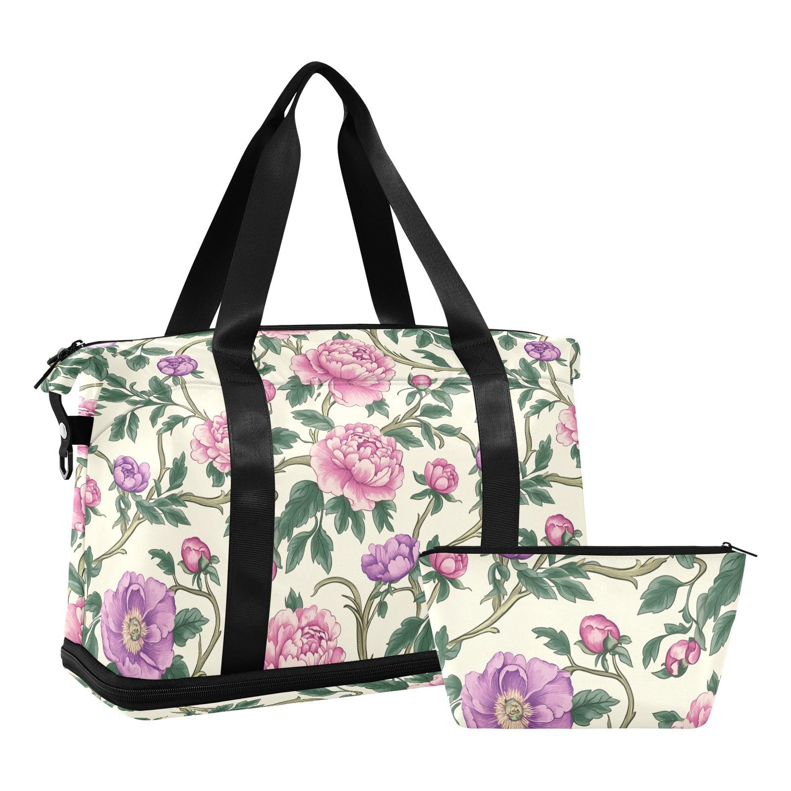 Turnbeutel im Vintage-Stil, Motiv: rosa Blumen und grüne Blätter, William Morris-Stil, 2-teiliges Set, große Sporttasche, Handgepäcktasche mit verstellbarem Riemen für Reisen