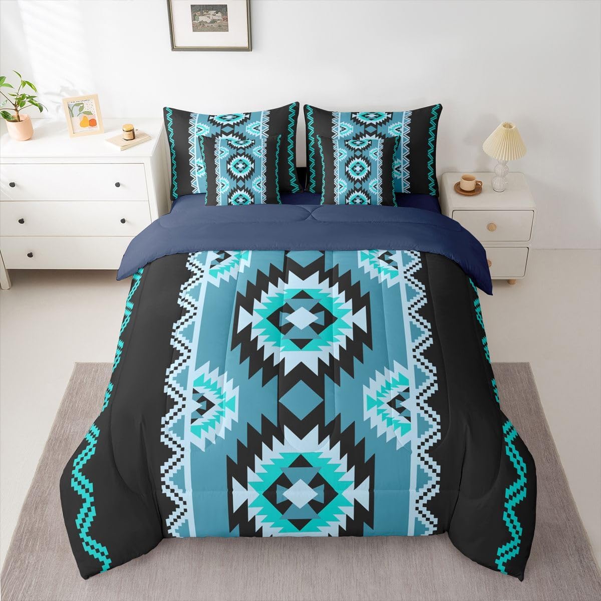 Feelyou Southwestern Aztec Comforter Set Queen Size 7 Pieces Western Tribal Aztec Native American Bedding Set Blue Boho Exotic Bed in a Bag with Comforter, Sheets, Pillowcases, Cushion Covers
