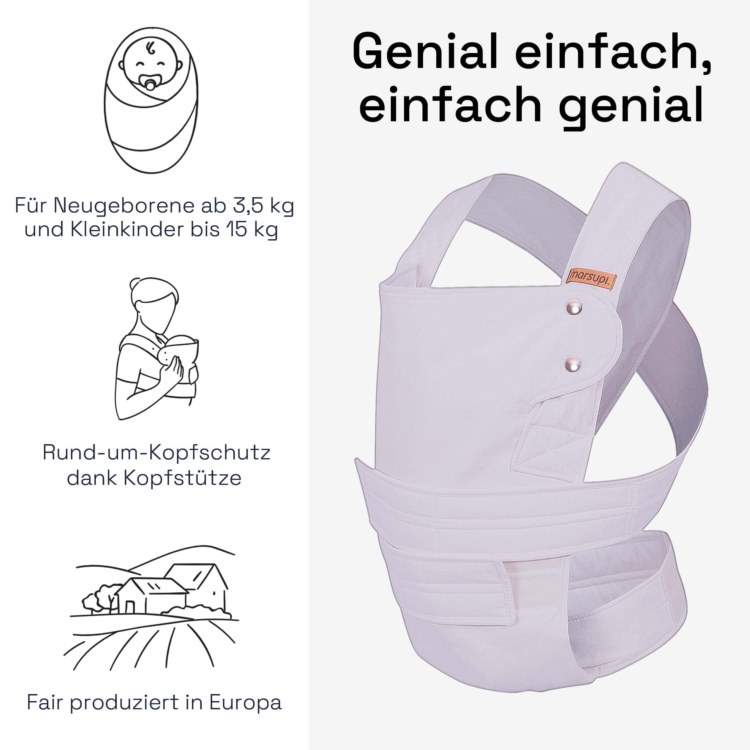 marsupi Babytrage für Neugeborene ab Geburt bis 15kg - kompakte Babytrage mit stabilem Klettsystem - aus luftigem Baumwoll-Leinen-Gewebe, Lilac (S/M)