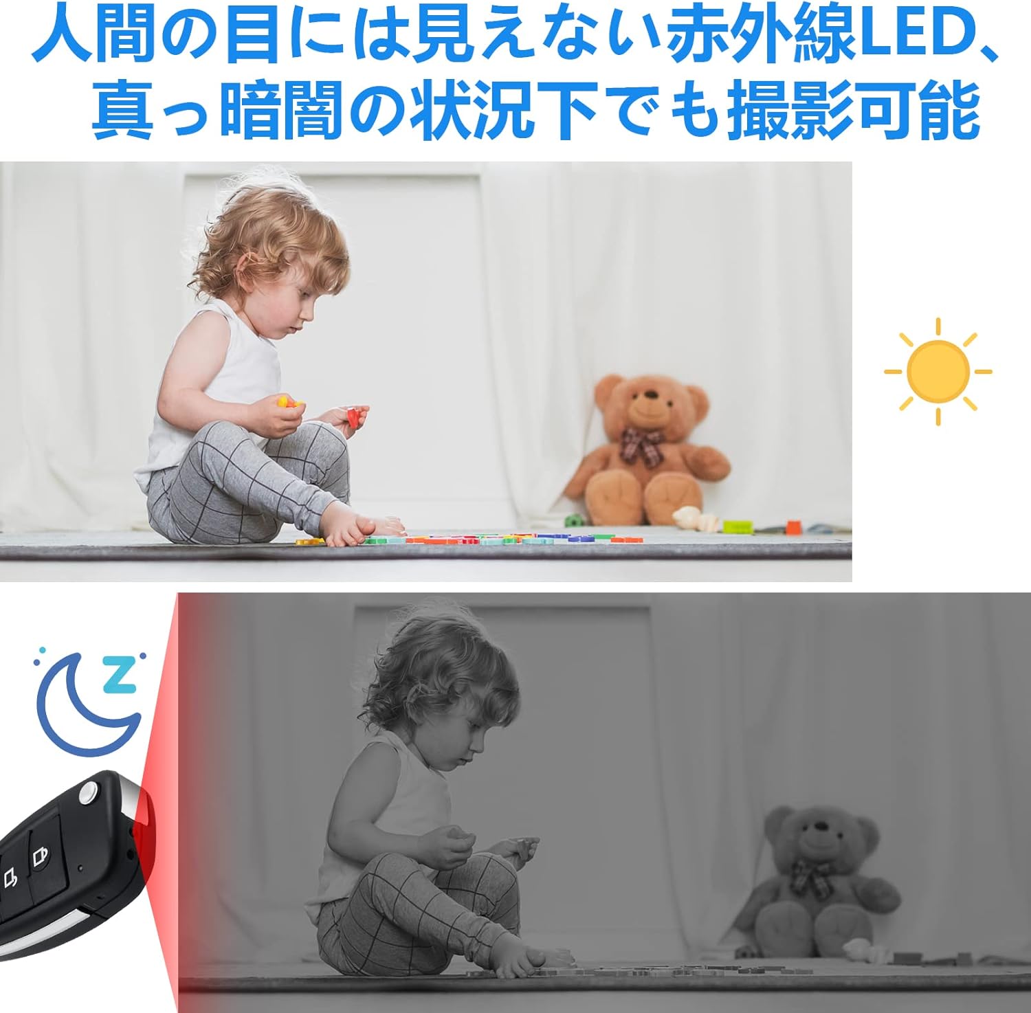 Keyless hidden camera demonstrating night vision recording in a dark room