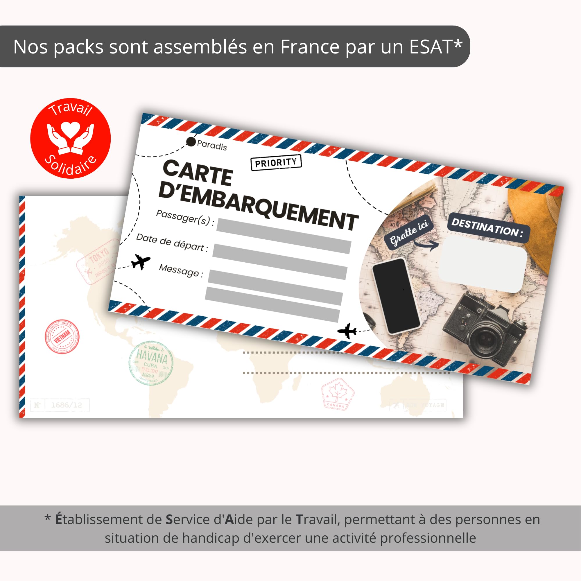 Carte à Gratter Voyage Surprise Personnalisable en Français - Billet d'Avion Annonce Cadeau Anniversaire Noël EVJF EVG - Pack de 2