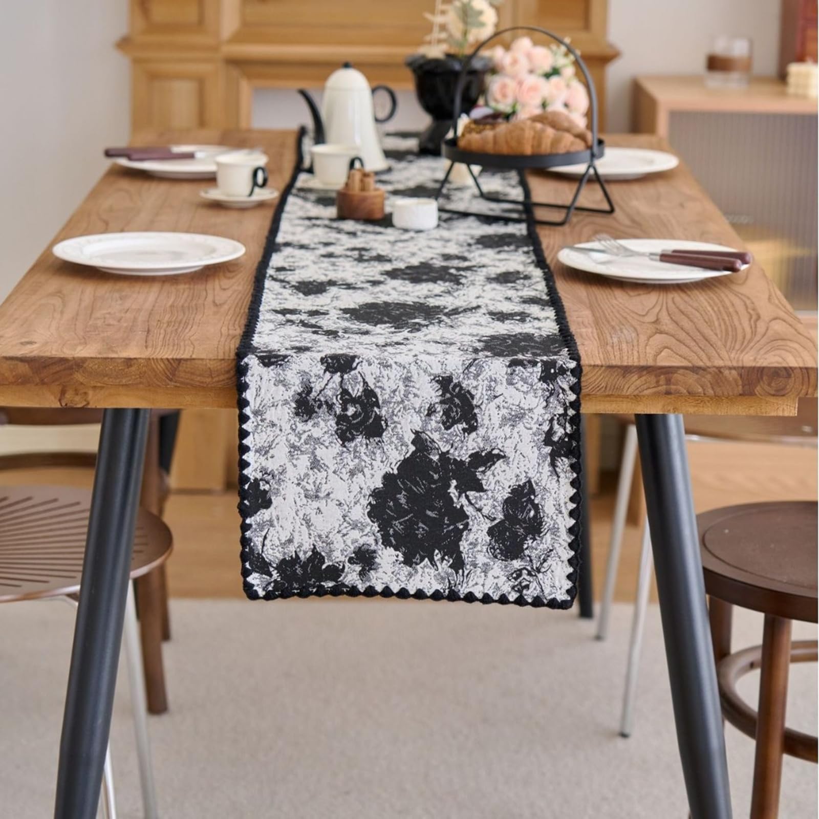 Tischläufer Landhausstil Polybaumwolle, Tischläufer Wohnzimmer 30x350 cm, Schwarzes Jacquard mit Blumenmuster