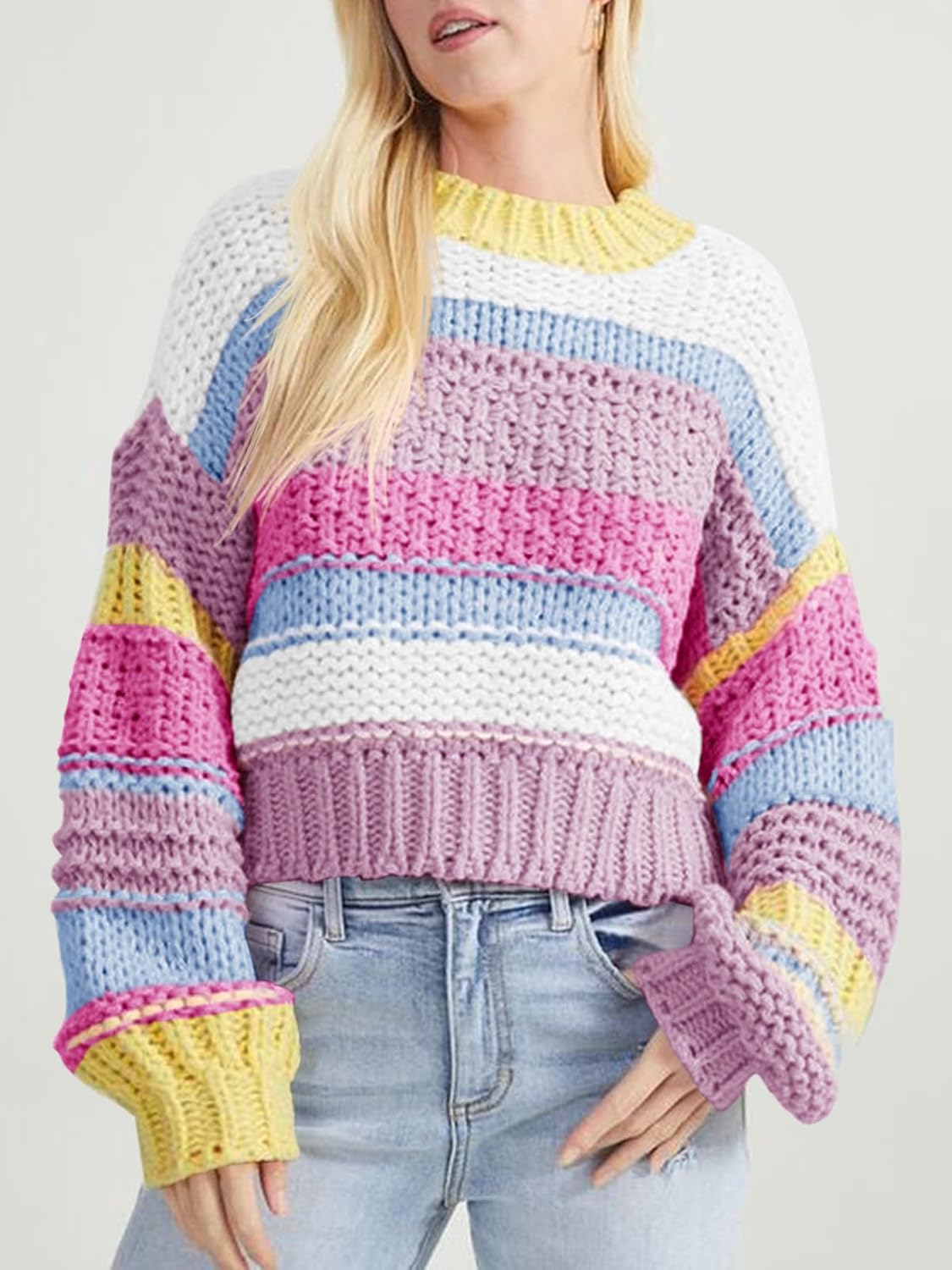 Saodimallsu Womens Color Block Sweater Striped Chunky Knit Cropped Sweaters Crewneck Fall Long Sleeve Loose Pullover Tops - Image 2