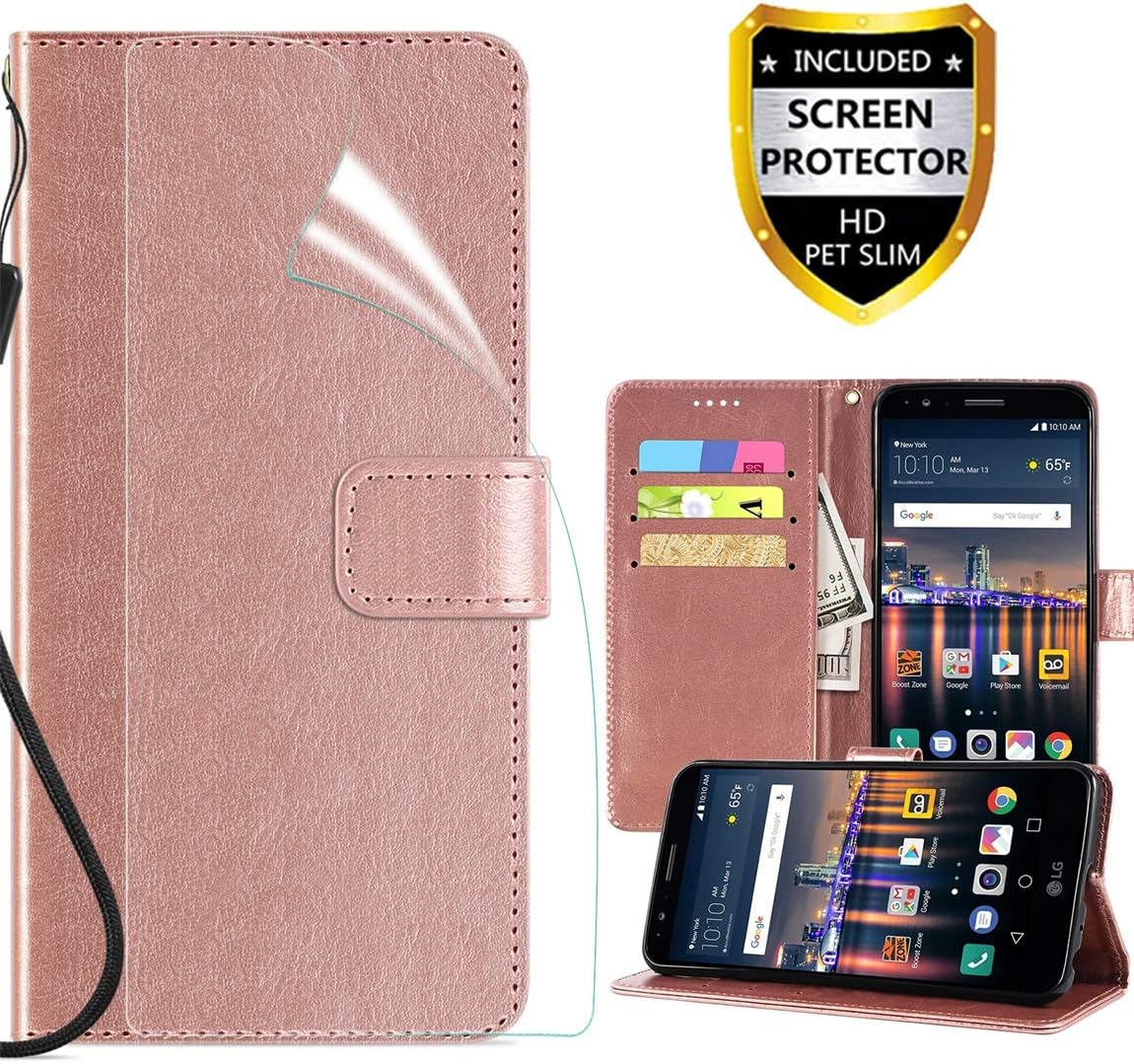 LG Stylo 3 case, LG Stylo 3 Plus/Stylus 3 Wallet Case,PU Leather Magnetic Folio Flip Case Built-in Card Slots Full Body Protection Phone Case Cover with HD Screen Protector-Rose Gold