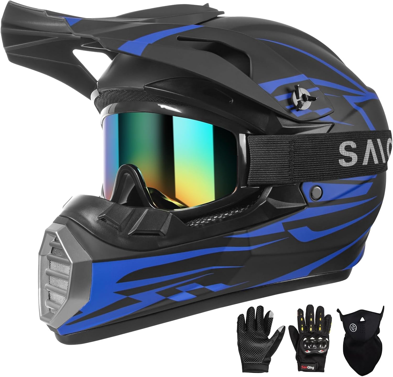 DOT Approved Youth Kids Motocross Helmet - Ultra-Lightweight Full Face Dirt Bike/ATV Helmet with Goggles, Gloves & Face Shield (4-Piece Set) Blue Medium