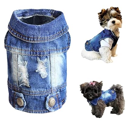 ARTWIND Dog Vest Cool Jean Jacket Blue Pet Clothes Small/Medium/Large Dog Clothes Classic Puppy Outfits Dog Cat Shirt(M, Retro Ripped Hole)