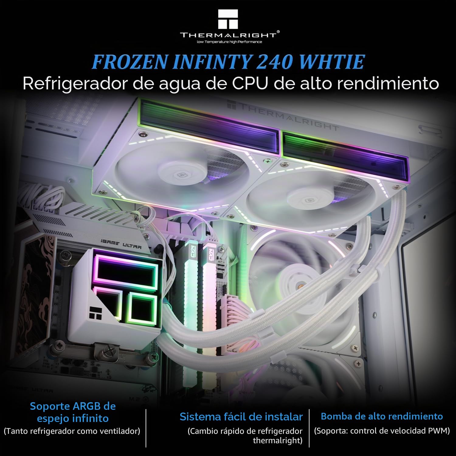 Thermalright Frozen Infinity 240 WHITE - Ventilador de CPU doble PWM con 2000 rpm, enfriador de CPU Aio para AM4/AM5 e Intel LGA115X/2011/1700/1851, Infinity Mirror