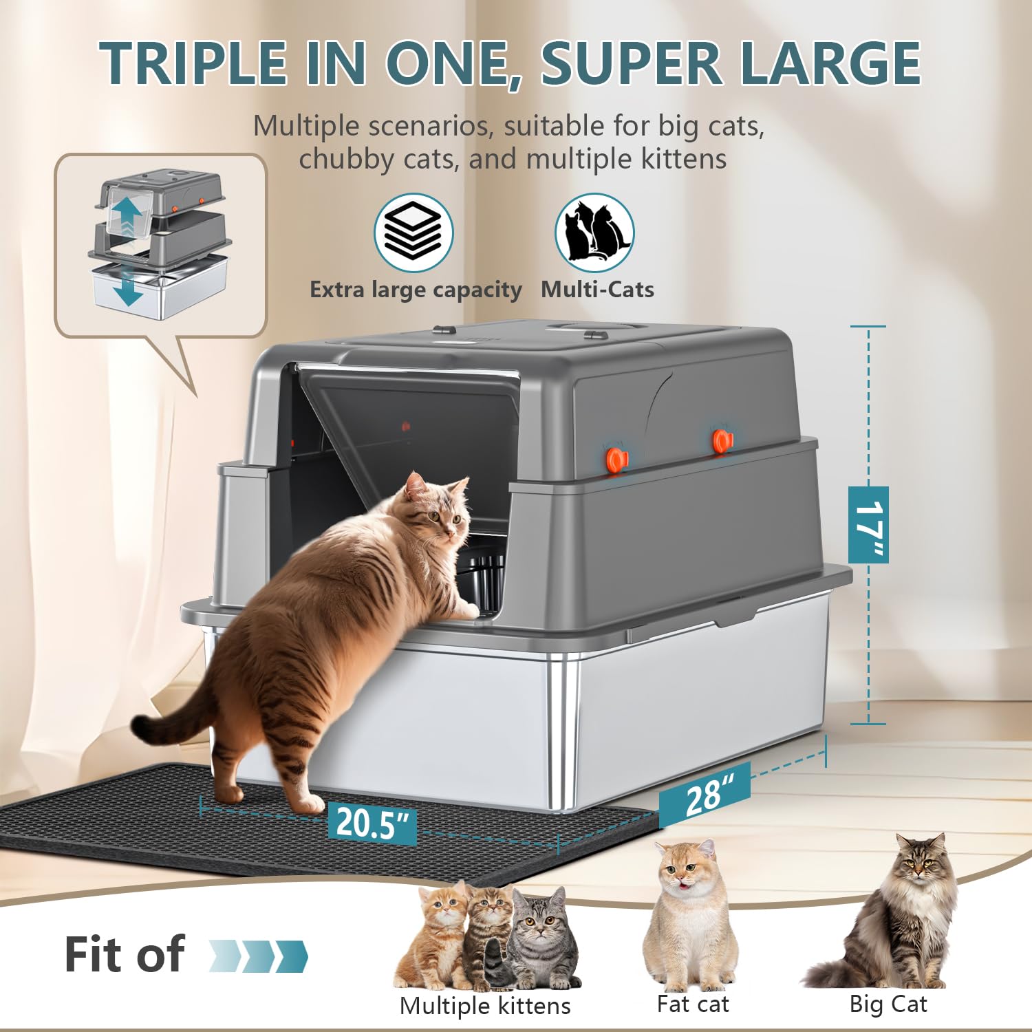 XXXL Extra Large Stainless Steel Litter Box with Lid, 28" L x 20.5" W x 17" H Covered Stainless Steel Litter Box, Multiple Natural Activated Carbon Filter Bags, Non-Sticky, Anti-Leakage, Easy to Clean - image 7