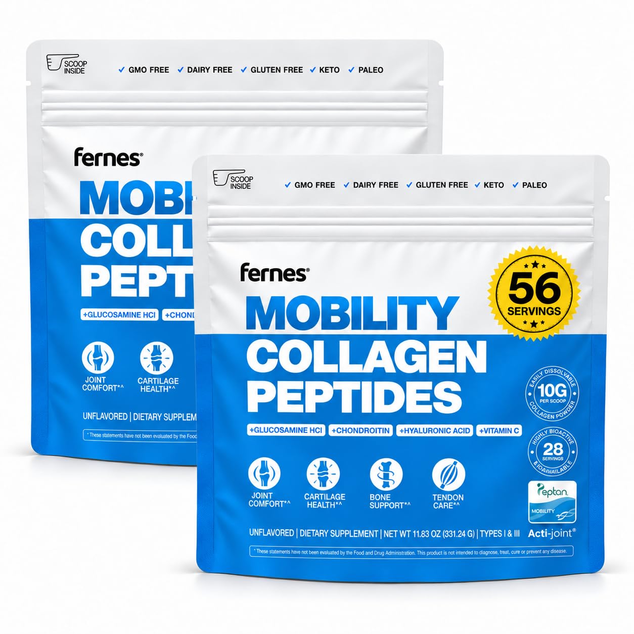 Mobility Collagen Peptides Powder - Glucosamine, Chondroitin, Hyaluronic Acid & Liposomal Vitamin C Join Bone & Cartilage Support Grass-Fed Type I & III Keto & Paleo 56 Servings, 23.66 oz 1.48 Pound (Pack of 1)