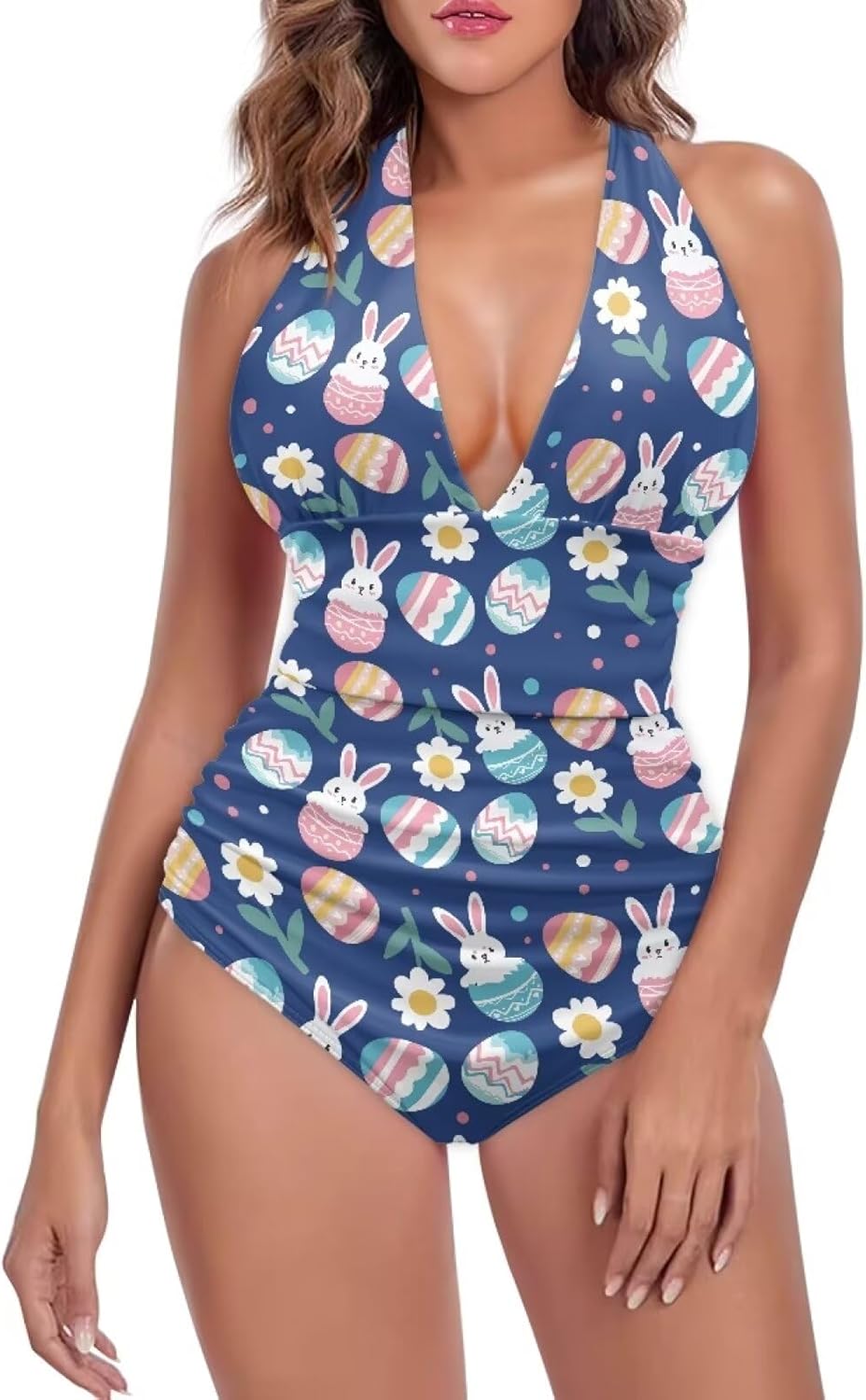 Cozeyat Halter Swimsuits for Women One Piece Tummy Control Push Up Bathing Suits V-Neck Swimwear Size S-3XL