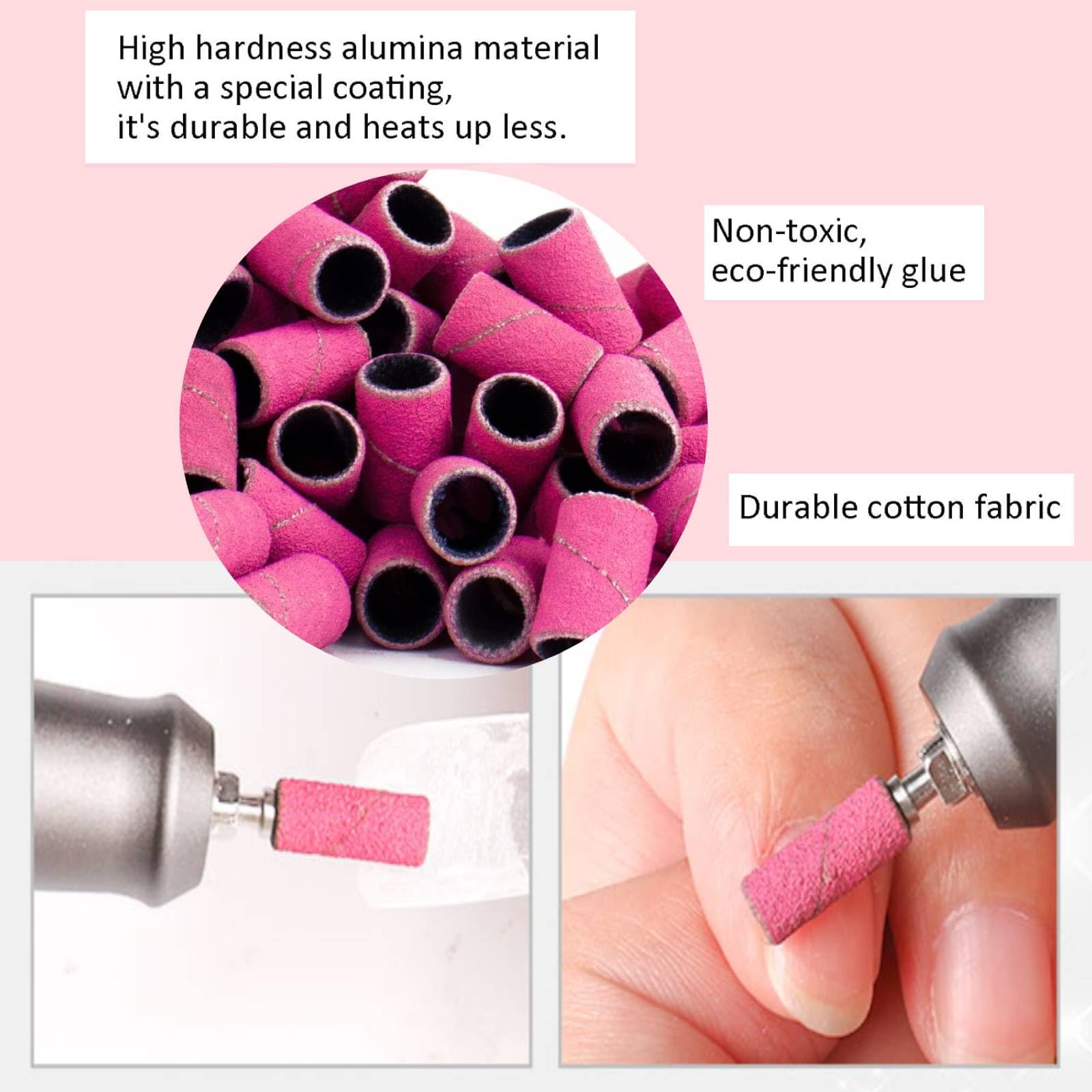 Cilindri Abrasivi Fresa Unghie 100Pz, Grana 180 Bande per Levigatura Unghie Rosa, Bande Levigatrici per Trapano Unghie con 2 Pz Frese 3/32” e Scatola per Accessori Beauty Manicure e Pedicure
