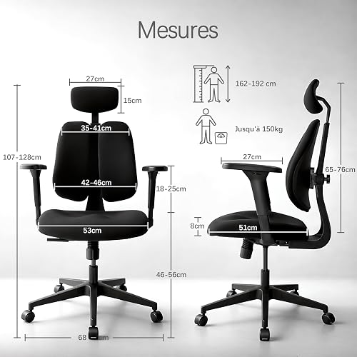 Rieior Chaise de Bureau Ergonomique, Dossier Séparé Dynamique, Siège en Mousse Moulée 8 cm, Accoudoirs 4D, Fauteuil de Bureau Grand Dossier, Flex S3, Noir - 2