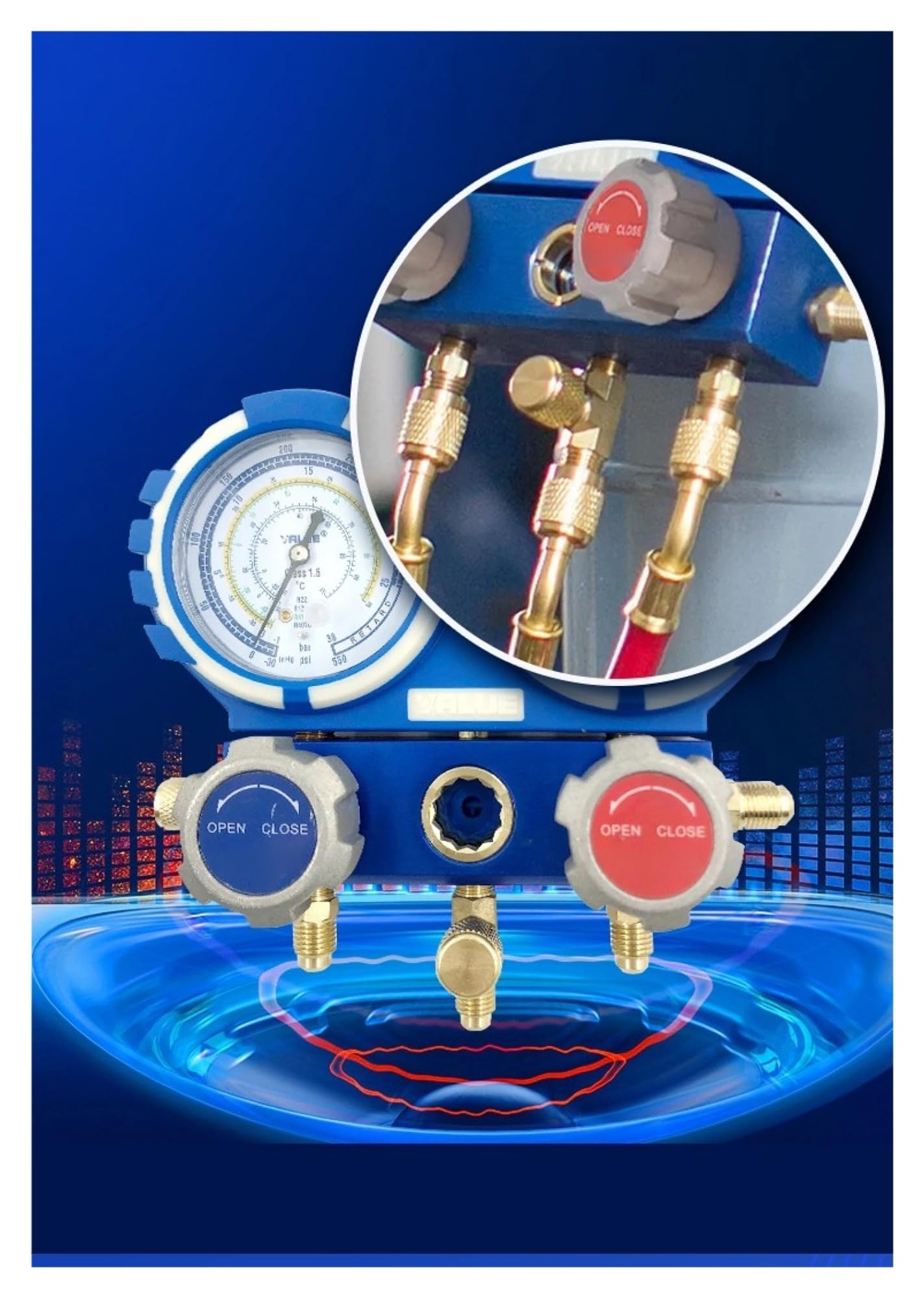 Ensemble de collecteurs à Double jauge VMG-2, Outil réfrigérant AC HVAC R410A R134A R22, Cadran de 68mm, vanne métallique Haute Basse Pression Compatible(R410A-B-Valve)