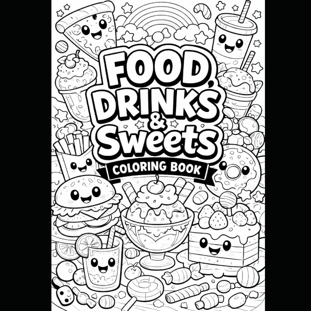50 big, bold, and easy coloring pages offer fun and include a variety of delicious foods, snacks, drinks, and sweet treats like avocado, bread, pizza, popcorn, milkshakes, fruits & veggies