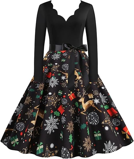 AMhomely Clearance! Plus Size Women Dresses Christmas Snowman Printed Holiday Vintage Dress Long Sleeve Cocktail Formal Swing Dress Ladies V-Neck Christmas Party Dress