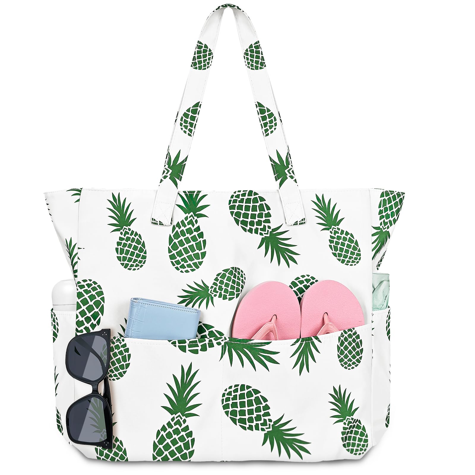 Iioscre Beach Bag for Women, Large Beach Tote Bag with Zipper Pockets, Waterproof Sandproof Swim Bag Pool Vacation Travel