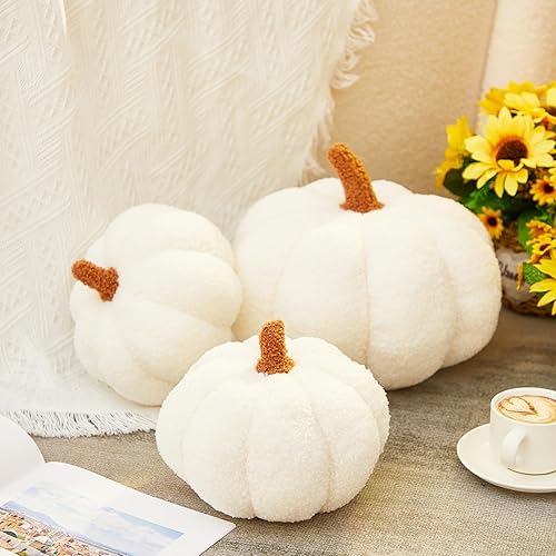 Miniatura 7 de Calabaza de peluche de Halloween en forma 3D decorativa de Acción de Gracias almohada suave y linda, 11 pulgadas, 7 pulgadas (blanco, 3 piezas)