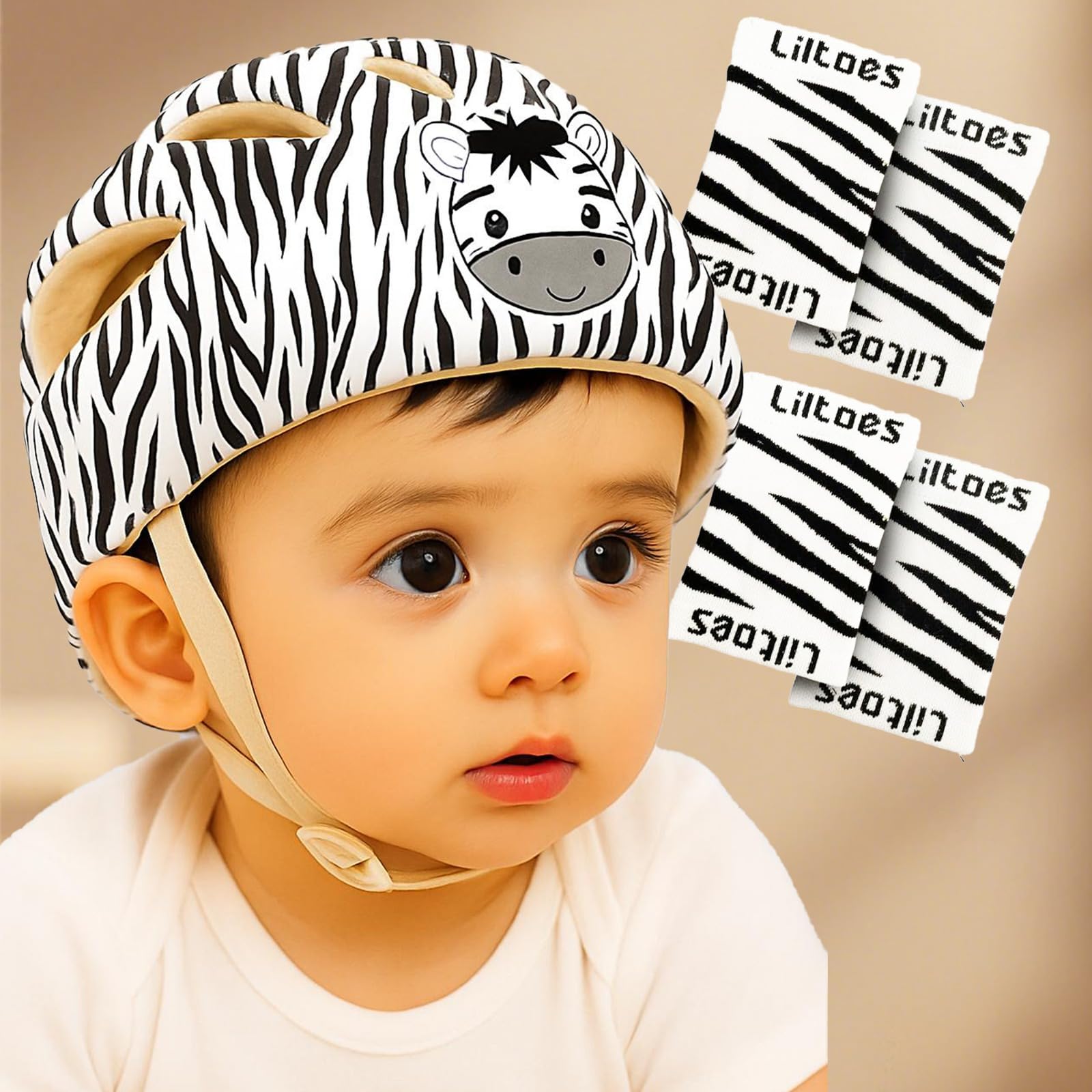 LILTOES Baby Head Protector for Safety of Kids 6M to 3 Years- Baby Safety Helmet with Proper Air Ventilation & Corner Guard Protection + 1 Pair Knee Pad + 1 Pair Elbow Pad (Stripy Zigby)