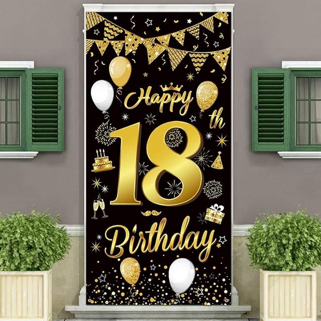 18th Birthday Party Decorations Backdrop and Door Banner,Black Gold Birthday Decoration for boys and girls of 18th Birthday Party,Essential Decoration for 18th Birthday Party,185×90cm(72.8×35.4 inch)