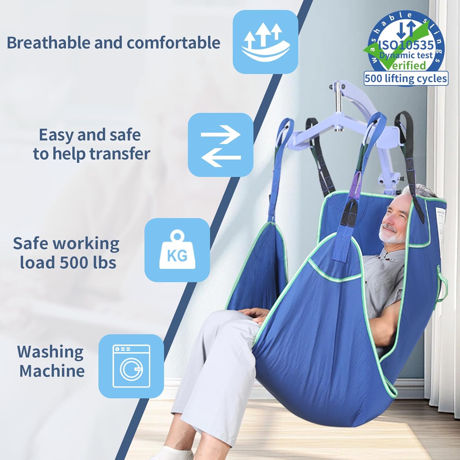 Fully Body Lifting Sling with Twisted Fabric – Heavy-Duty 500lbs Capacity, 3-Layer Padded Support– for Patient Transfer & Mobility Assistance (Blue, L)