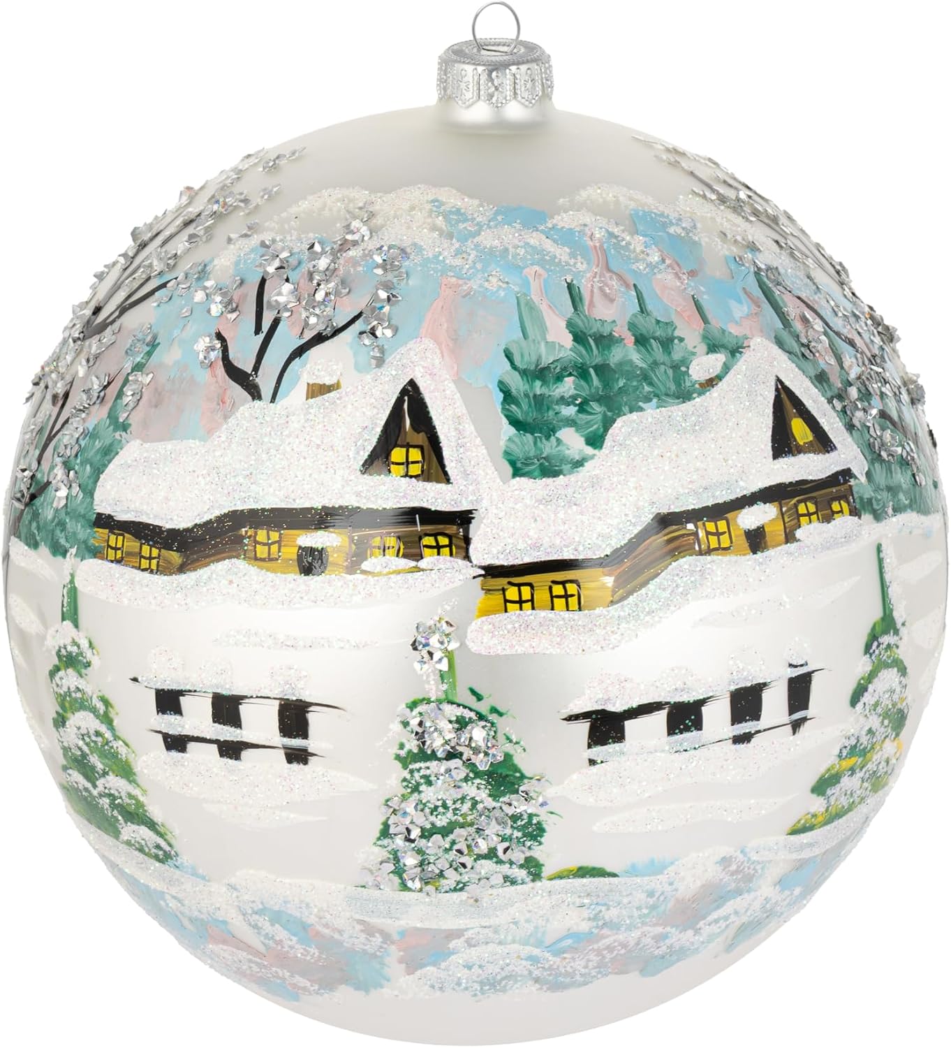 Silver Christmas Ornament with Display Stand Polish Blown Glass Ball Hand Painted Extra Large Bauble 8-inch Ø/200mm Cottage Houses White Matte