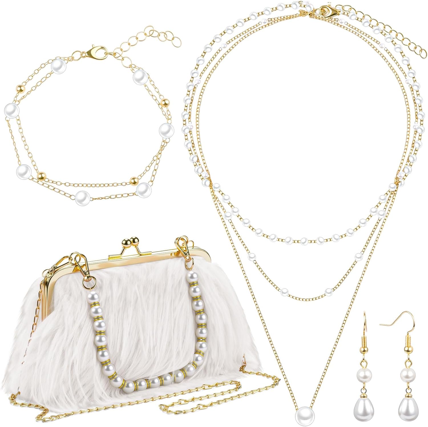 Liliaafar 4 Pcs Evening Clutch Purse with Pearl Jewelry Sets,Clutch Bag Pearl Earrings Necklace Bracelet for Wedding Party