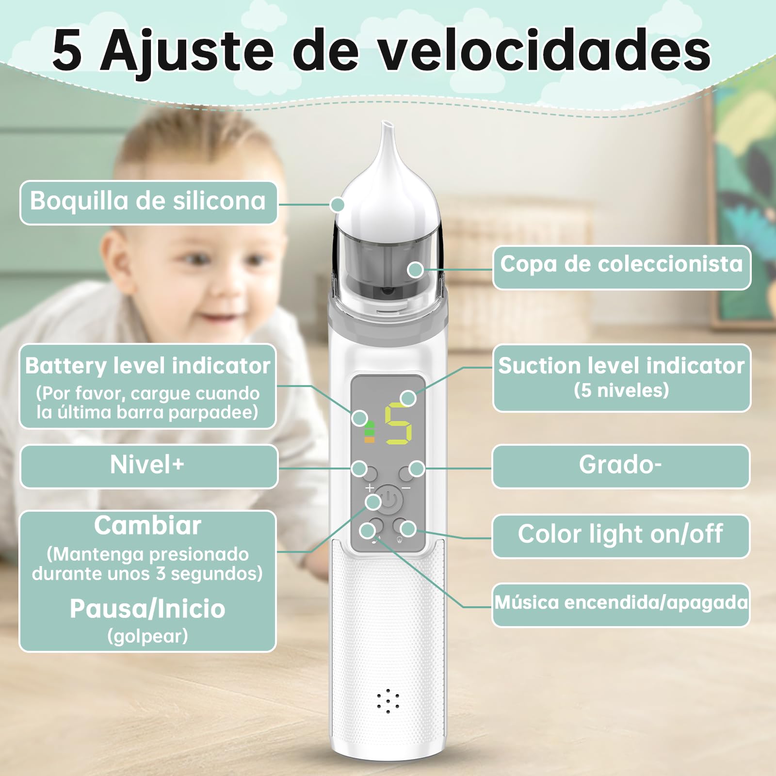 Aspirador Nasal para Bebés, Aspirador Nasal Eléctrico para Bebés con 5 Niveles de Succión, 3 Niveles de Succión Ajustable, Función de Música y Luz Calmante, Recargable, Ruido Bajo — view 2