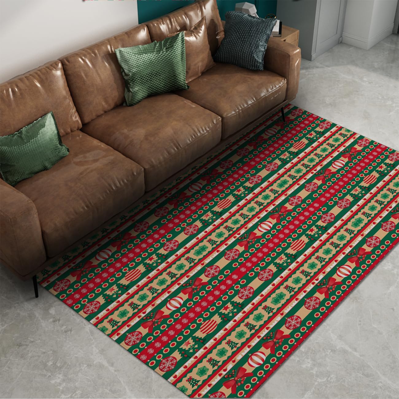 Kreskówkowy zimowy dywan 120 x 180 cm do przedpokoju salonu choinka antypoślizgowy cienki dywanik można prać, czerwono-zielony, składany dywan w paski