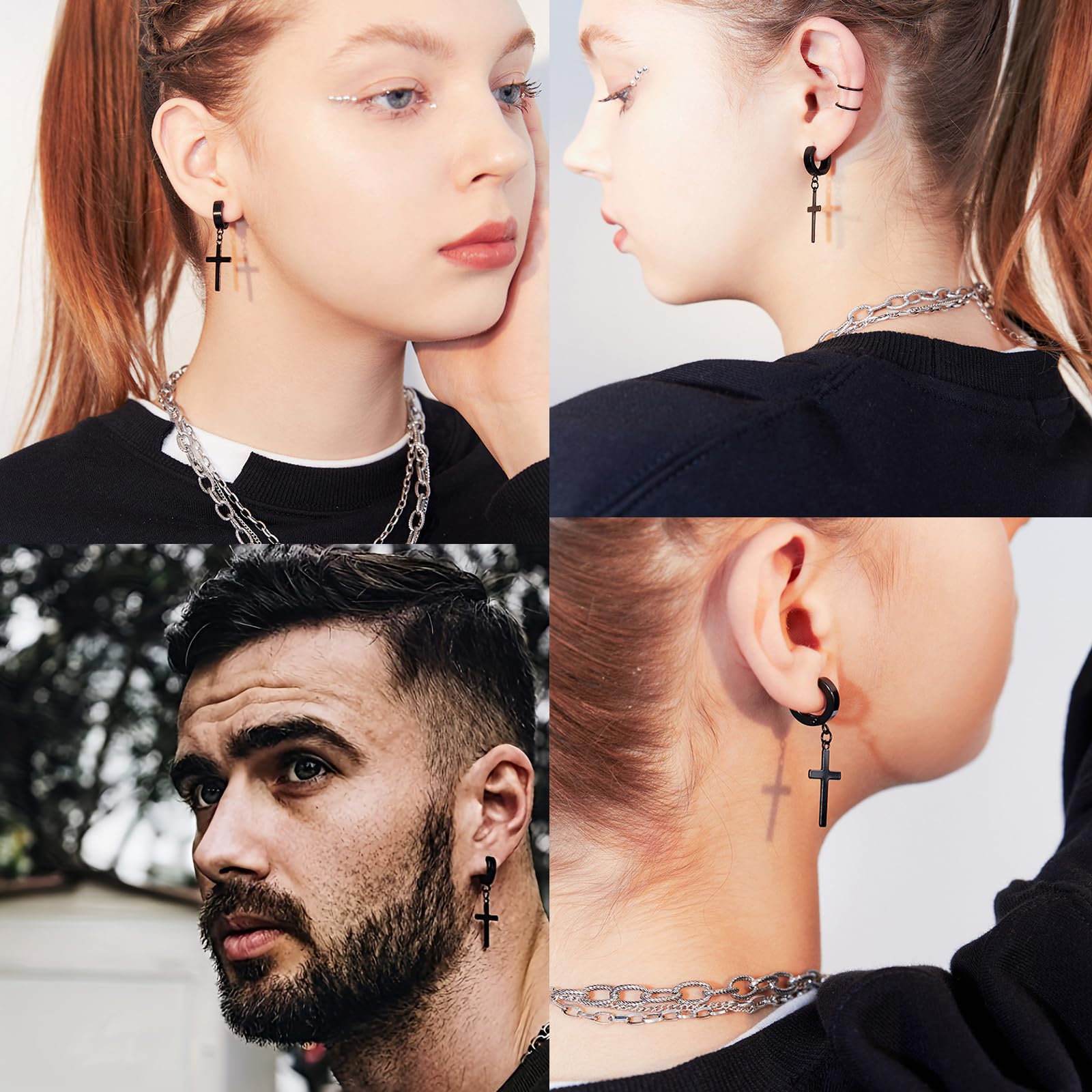 JSTHHTT 15 Paia Orecchini Uomo Cerchio, Orecchini a Cerchio, Punk Orecchino, Croce Pendente (Nero)