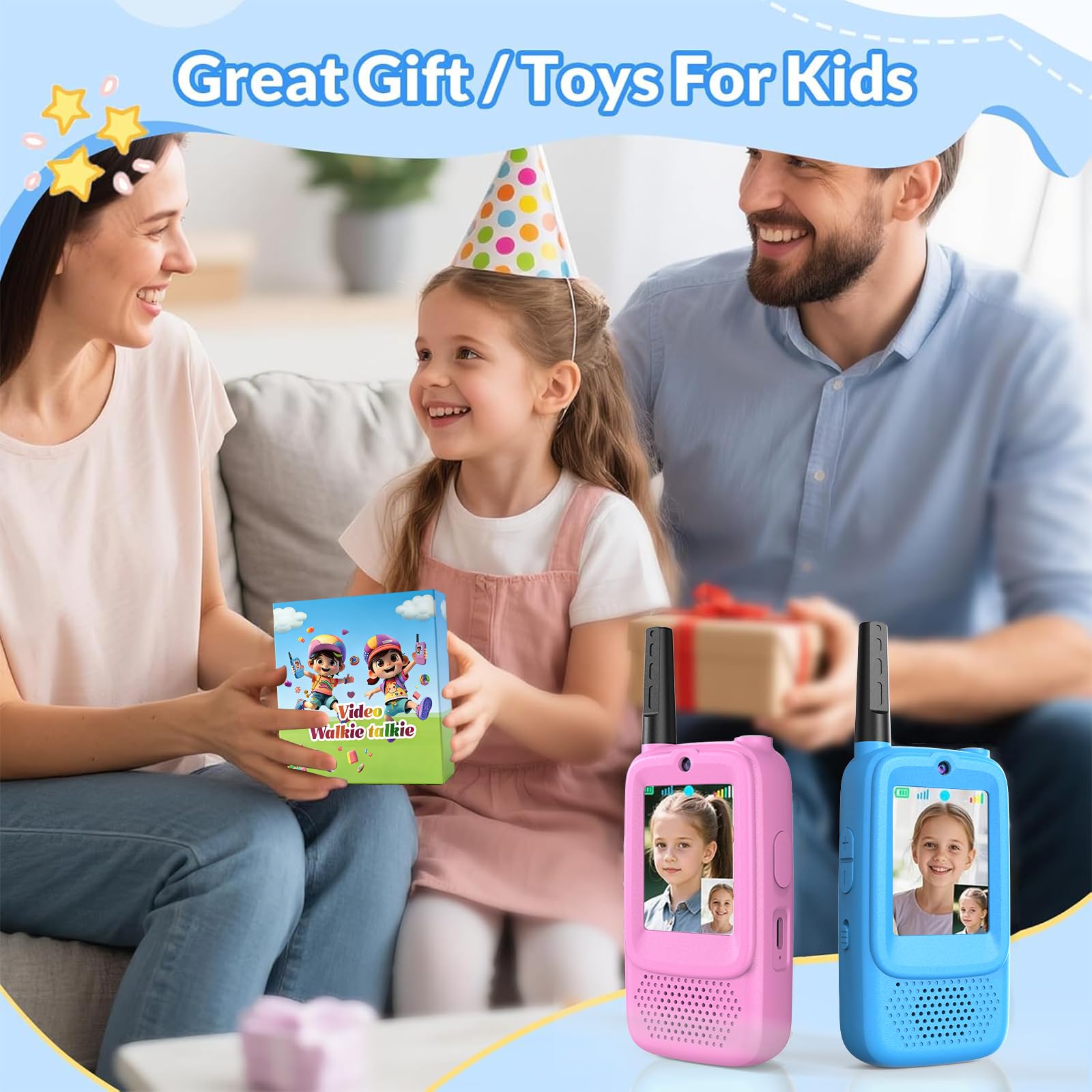 Talkies-Walkies Vidéo pour Enfants, Lot de 2, Rechargeables, à Double Caméra, Appairage Un à Un, Portée de 500m, Cadeaux Parfaits pour garçons et Filles de 3 à 12 Ans (Bleu/Rose)