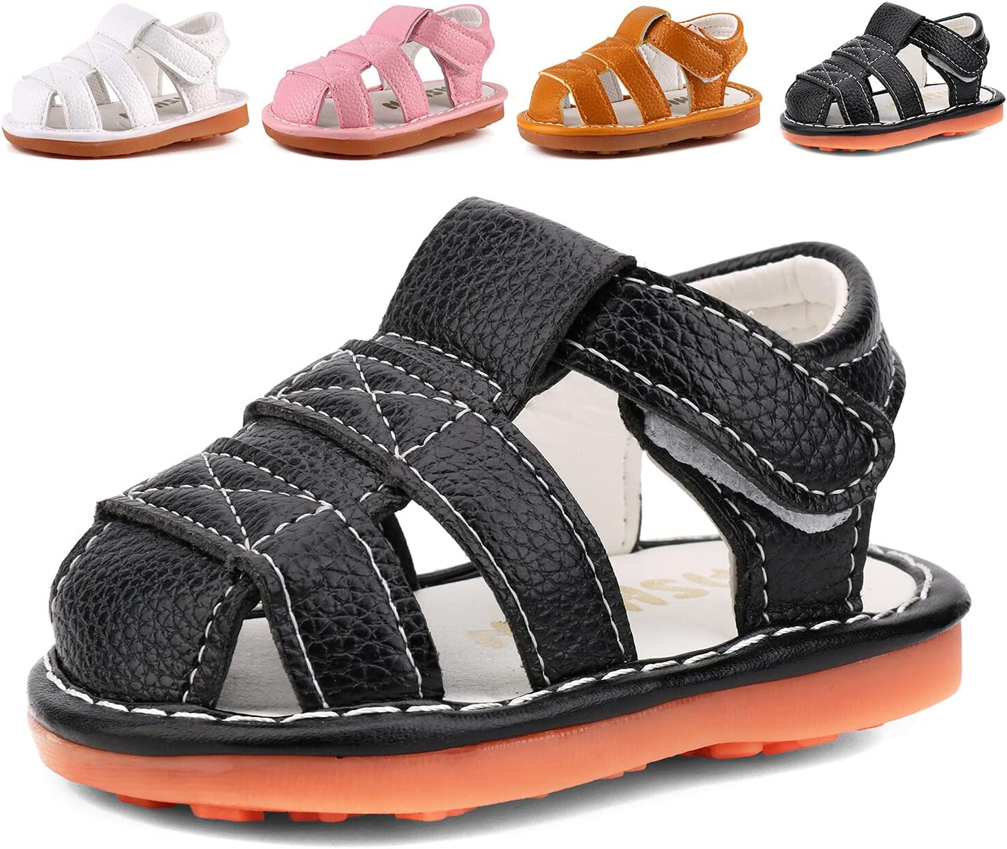 CINDEARBoys Girls Summer Squeaky Sandals Closed-Toe Anti-Slip Premium Rubber Sole Toddler First Walkers Shoes Black (Foot Length 10.5cm/4.13in) 1302-BK15