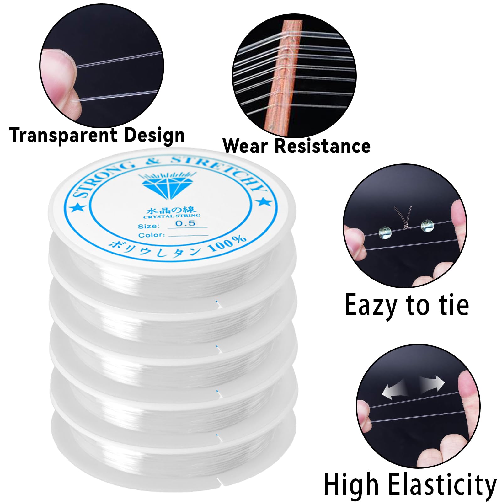 wonkeken 15 Pcs Transparent Elastic Thread Elastic Nylon Magic Rope(0.5mm 0.6mm0.7mm0.8mm1mm) with 2 Bead Needles 1 Pair of Scissors Bead String DIY Jewelry Making Bracelet Necklace Decoration - Image 3