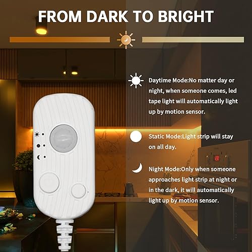 Miniatura 7 de Tira de luz LED con sensor de movimiento, color amarillo ultra cálido de 2200 K, alimentada por USB, 16.4 pies, modos díanoche y brillo de