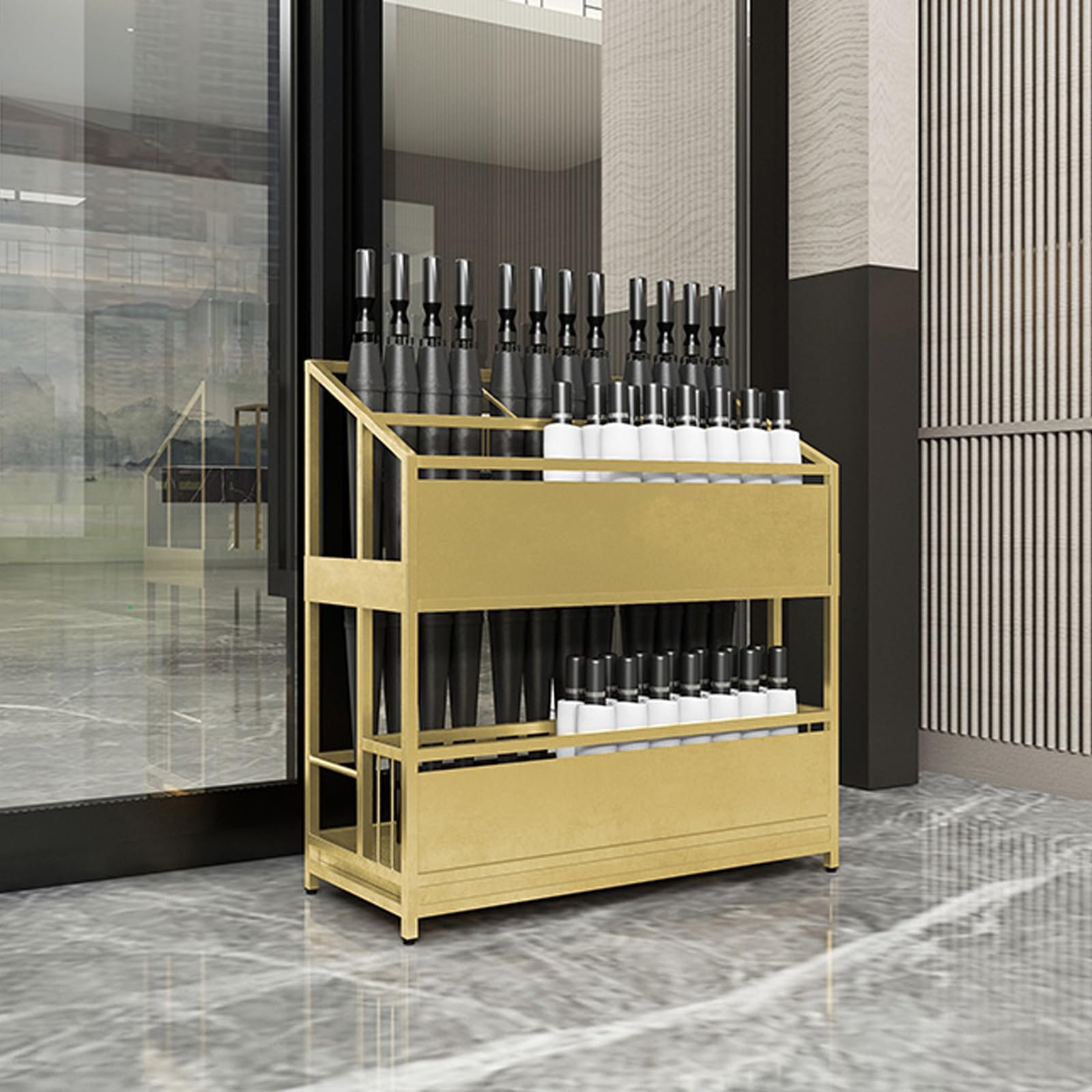 SaryEdge Large-Capacity Metal Umbrella Stand Holder for Hotels, 2-Tier Umbrella Organizer with Removable Drip Tray, Holds 45-60 Umbrellas, Stylish Gold Finish,Gold-68 * 32 * 70cm/26.8 * 12.6 * 27.6in