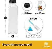 Vista 3 de JumblWare Juego de 40 botellas reutilizables de jugo de plástico transparente de 16 onzas con embudo, cepillo de limpieza y etiquetas