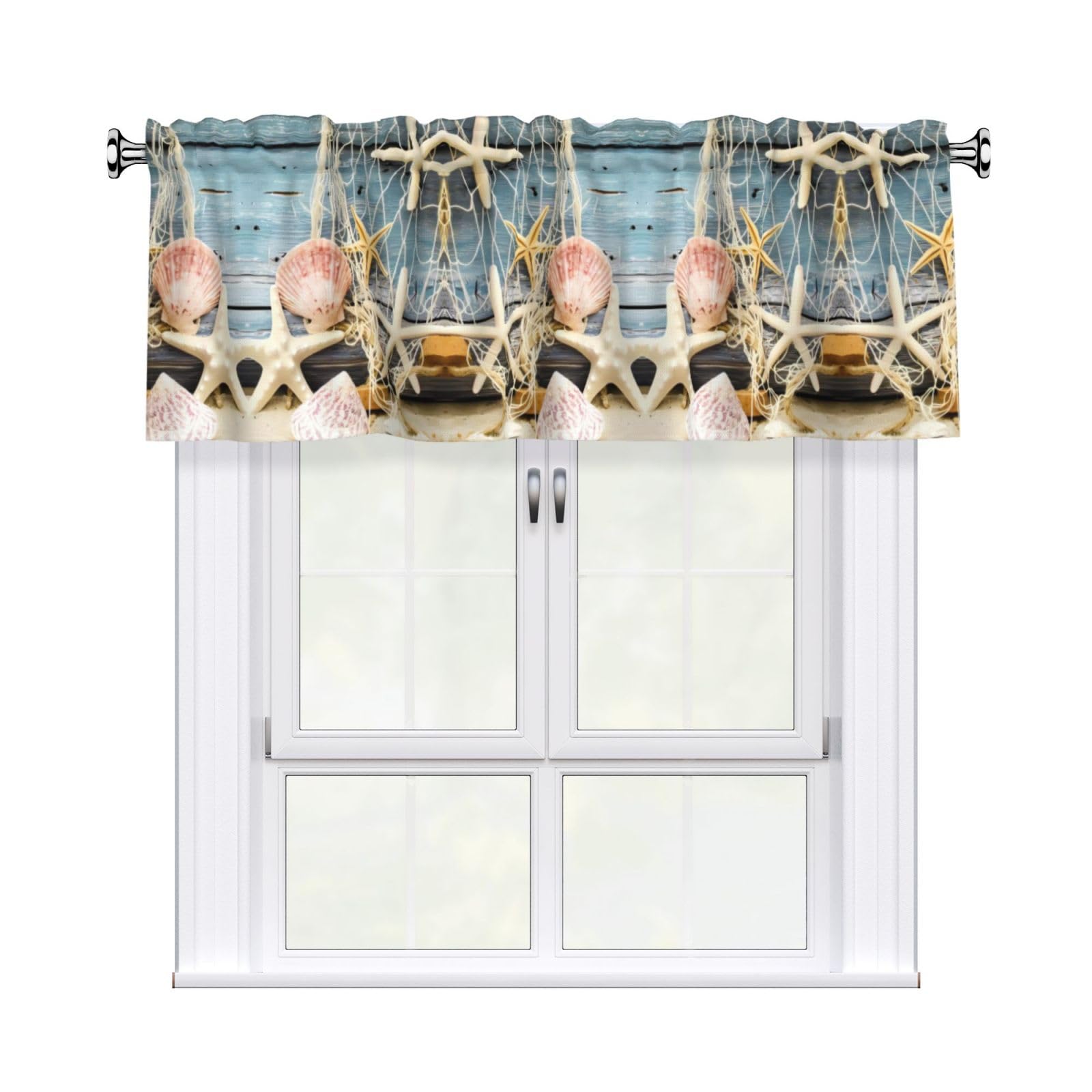 WHJDPP Beach Seashells Starfish Sand Prints Curtain Valance 54x18 Inch - Peach Skin Window Cover with Printed Design, Filtering Light for Kitchen Decor