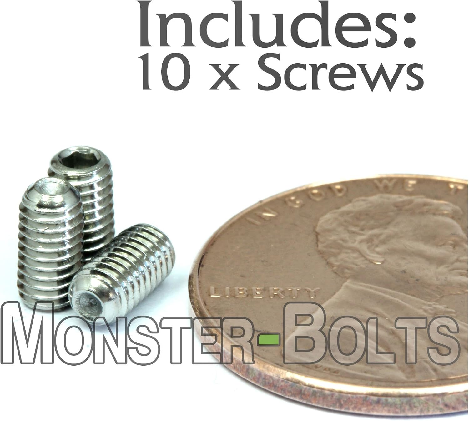 Two MonsterBolts M3 x 6mm cup point set screws next to a US dime for size comparison. The text 'Includes: 10 x Screws' and 'MonsterBolts' is visible.
