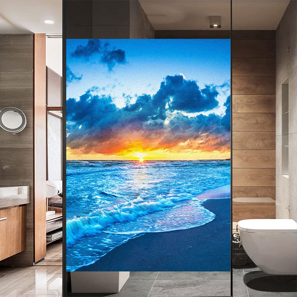 Window Film Privacy Frosted Beach Seascape Static Cling Window Stickers No Glue Window Clings UV Blocking Heat Control Window Coverings for Home/Office 31.49"x39.37"(80x100cm)