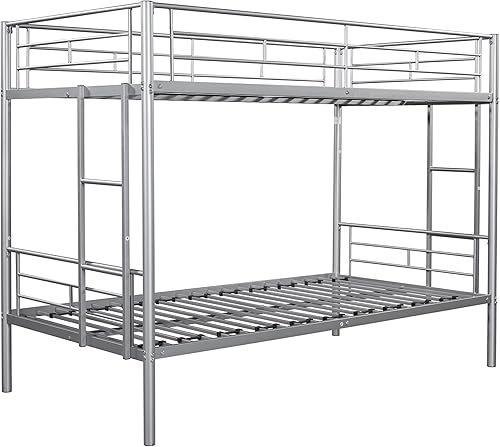 Miniatura 4 de HAUSHECK Litera individual sobre cama individual  Literas de metal con espacio de almacenamiento de 12 pulgadas, barandillas de longitud completa y
