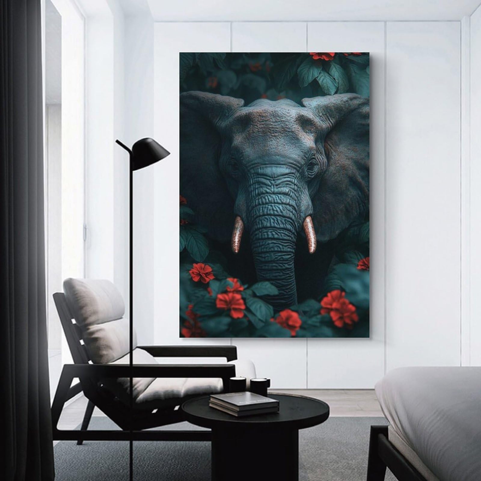 Junmoney Wall Picture Print Elephant in Floral Jungle, 24x36inch(60x90cm), for Living Room, Bedroom Or Apartment Walls, A Home Accent with Warm Character
