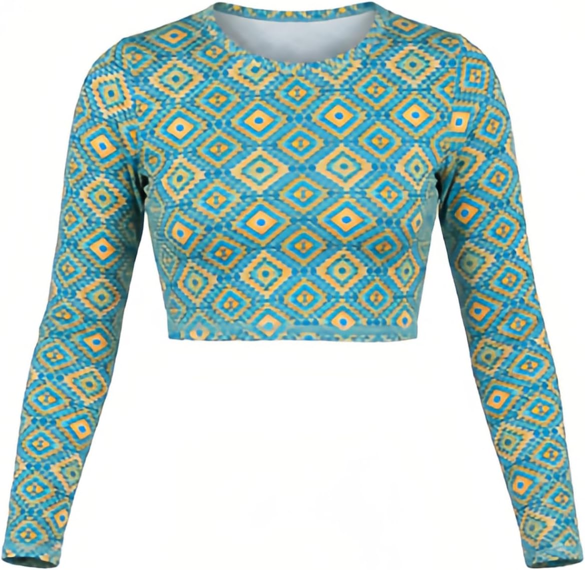 Long Sleeve UPF 50+ Rash Guard, Geometric Print Ice Silk Crop Top. Quick Dry Slim Fit Swim Shirt, Stretch Cropped Rash Guard