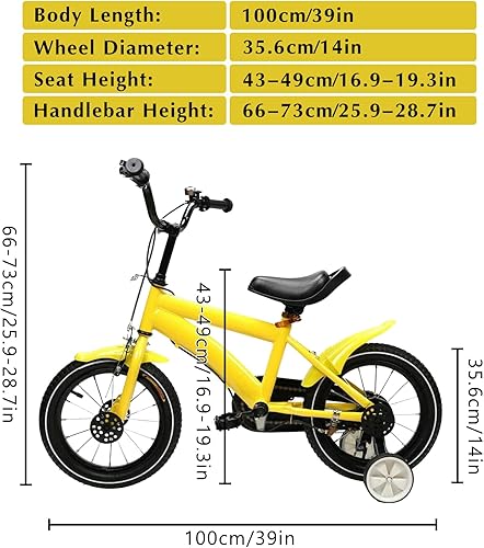 Miniatura 3 de Goudergo Bicicleta de aleación de acero al carbono amarilla de 14 pulgadas, bicicleta ajustable para niños, bicicletas con ruedas de entrenamiento
