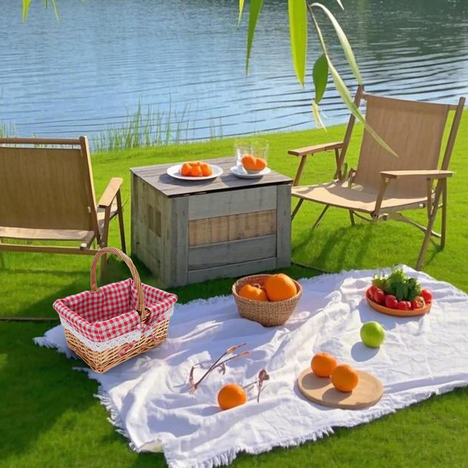 Fockety Cesta de Mimbre, Cesta de Picnic Tejida con Forro Desmontable, Cesta de Mimbre Ovalada para Regalos, Cesta de Almacenamiento Grande para Camping, Al Aire Libre, Halloween, (Cuadros Rojos)